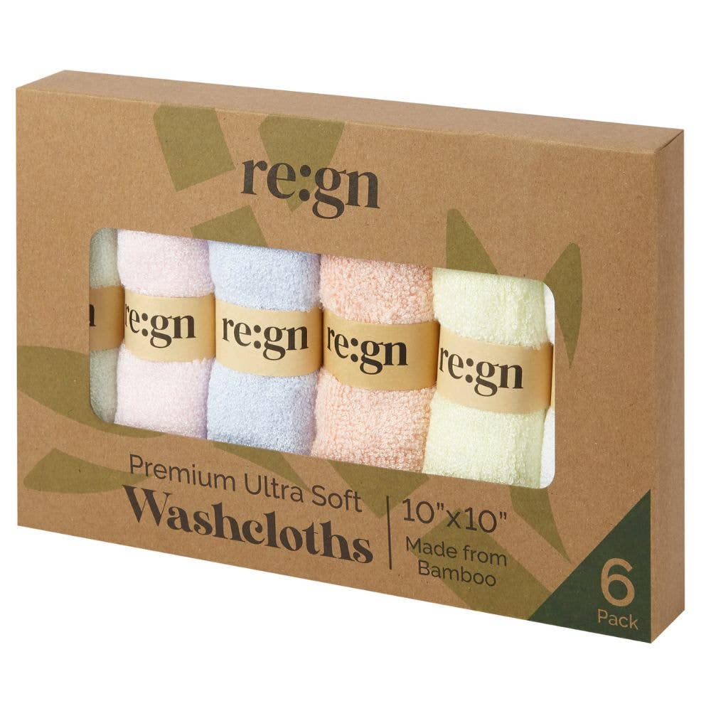 Re:gn Organic Bamboo Face Cloths – Ultra-Soft Eco Washcloths, Pastel 6 Pack
