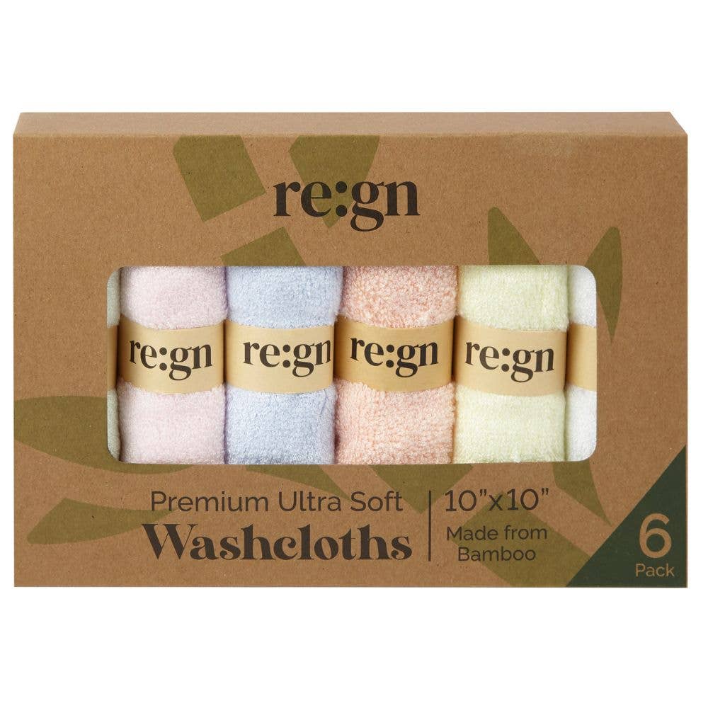 Re:gn Organic Bamboo Face Cloths – Ultra-Soft Eco Washcloths, Pastel 6 Pack